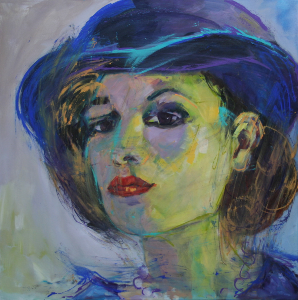 Vrouw met blauwe hoed 100×100